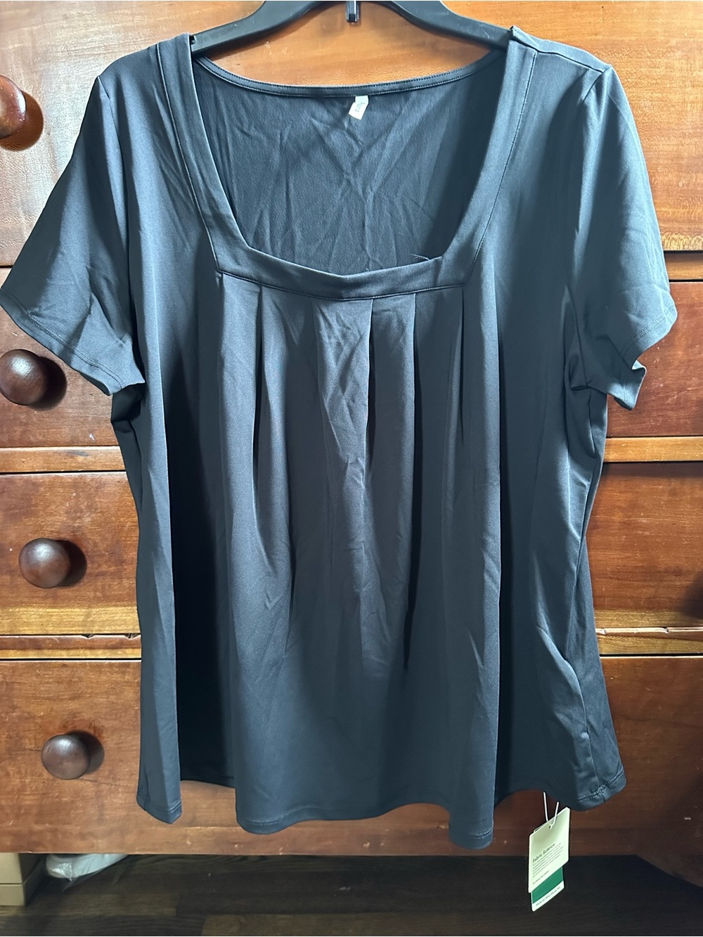 HALARA Black Short-Sleeve Pleated Square Neck Top
